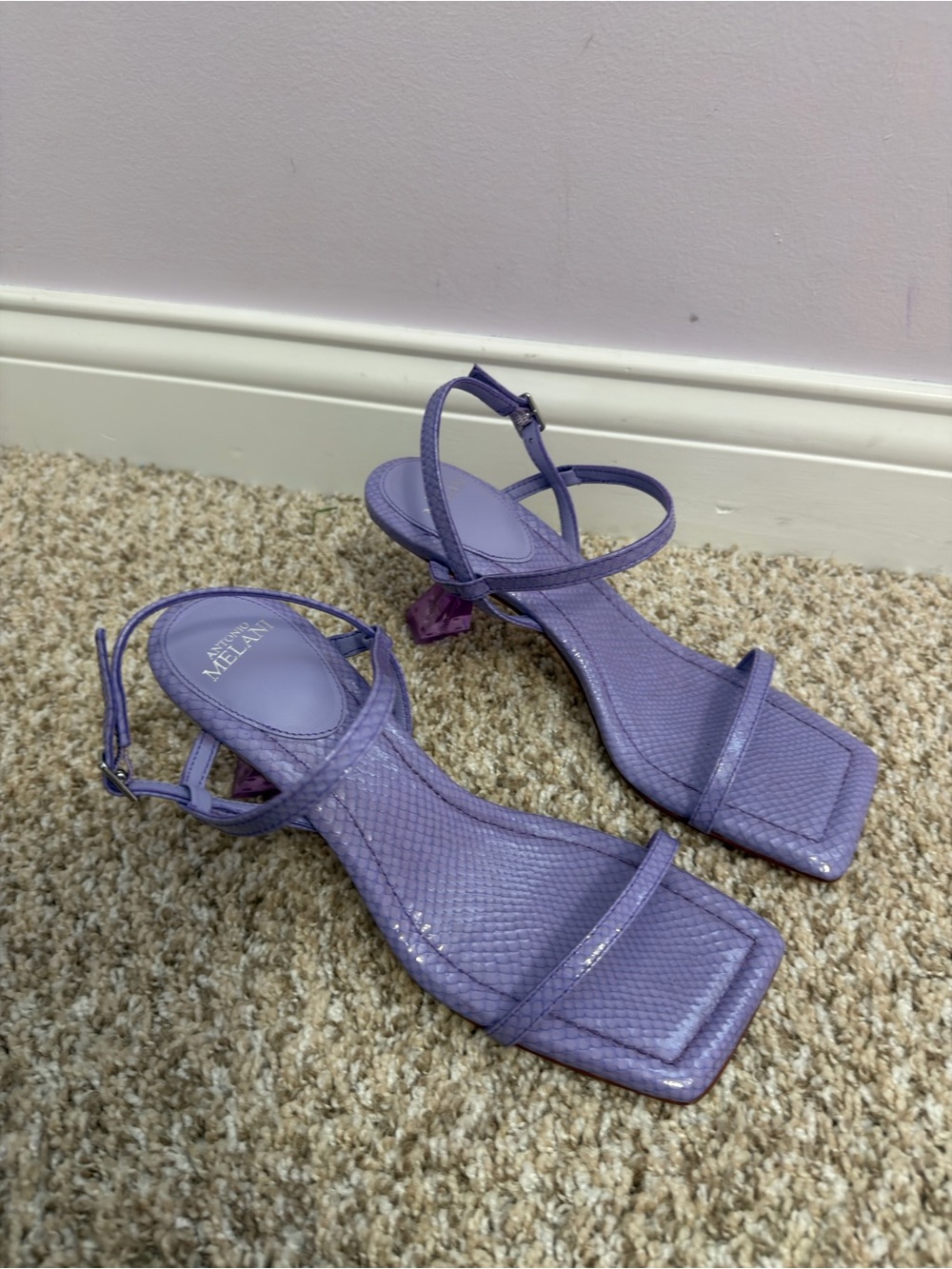 ANTONIO MELANI Lavender Lilac Strappy Square-Toe Heels